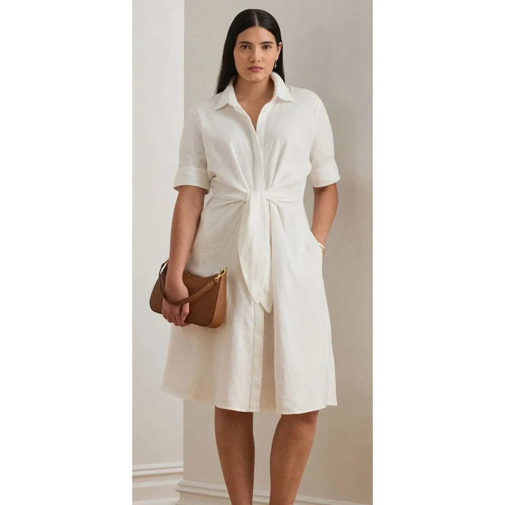 Lauren Ralph Lauren Tie Front Linen Shirtdress White Midi Short Sleeve 16W - Picture 11 of 12